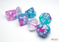 Dés Chessex Nebula Wisteria avec chiffres blancs et effet Luminary
