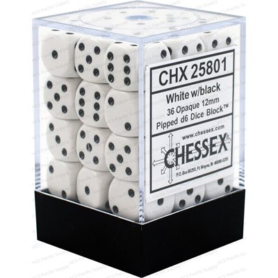 Chessex Opaque — 36 dés D6 blancs à points noirs de 12 mm