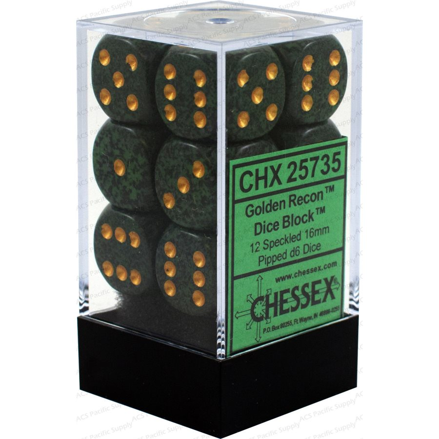 Chessex Speckled Golden Recon — 12 dés D6 verts mouchetés de noir à points dorés, 16 mm