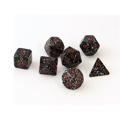 Chessex Speckled Space seven-dice set, black with white speckles and red numerals