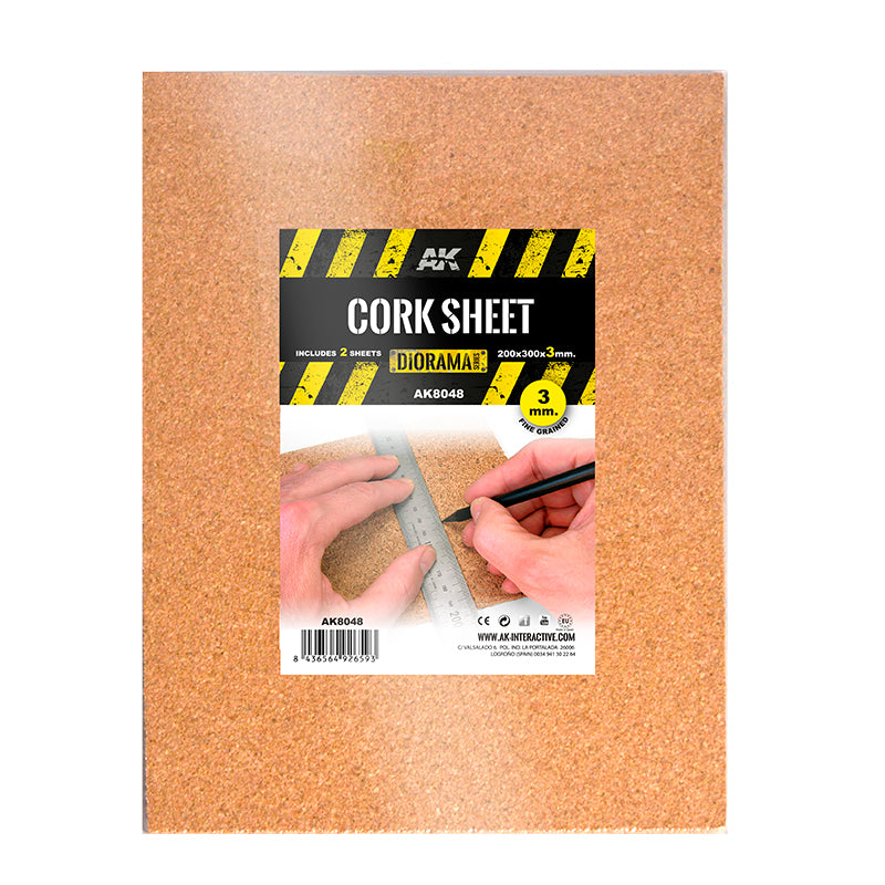 AK Interactive AK8048 – feuilles de liège grain fin 200 x 300 x 3 mm, paquet de 2
