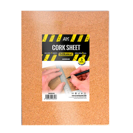 AK Interactive AK8048 – feuilles de liège grain fin 200 x 300 x 3 mm, paquet de 2