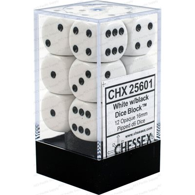 Chessex Opaque — 12 dés D6 blancs à points noirs de 16 mm