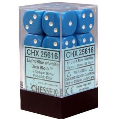 Chessex Opaque — 12 dés D6 bleu clair à points blancs de 16 mm