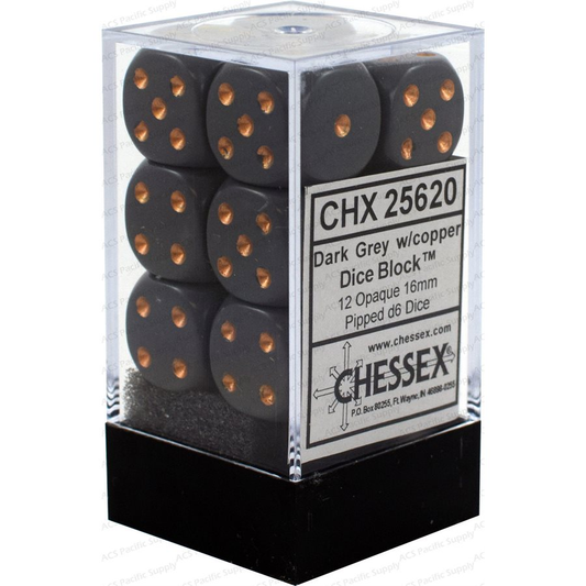 Chessex Opaque — 12 dés D6 gris foncé à points cuivrés de 16 mm