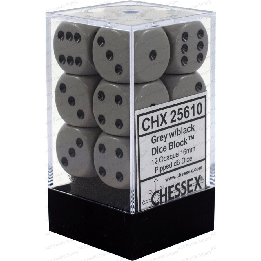 Chessex Opaque — 12 dés D6 gris foncé à points noirs de 16 mm