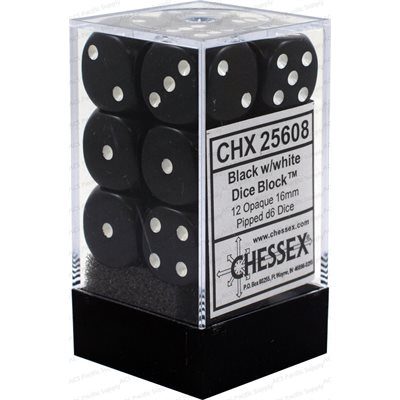 Chessex Opaque — 12 dés D6 noirs à points blancs de 16 mm