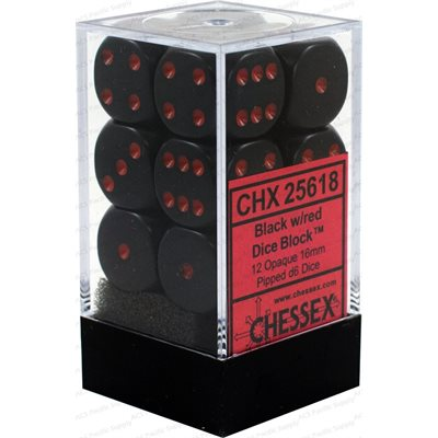 Chessex Opaque — 12 dés D6 noirs à points rouges de 16 mm