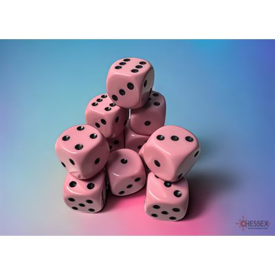 Chessex Opaque — 12 dés D6 rose pastel à points noirs de 16 mm