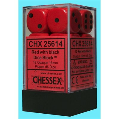 Chessex Opaque — 12 dés D6 rouges à points noirs de 16 mm