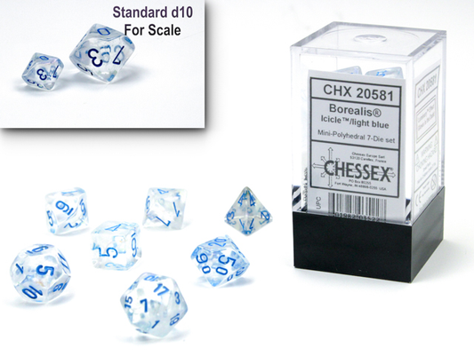Chessex Borealis Icicle Luminary — 7 mini dés à chiffres bleus