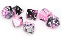 Chessex Gemini noir et rose — 7 mini dés à chiffres blancs