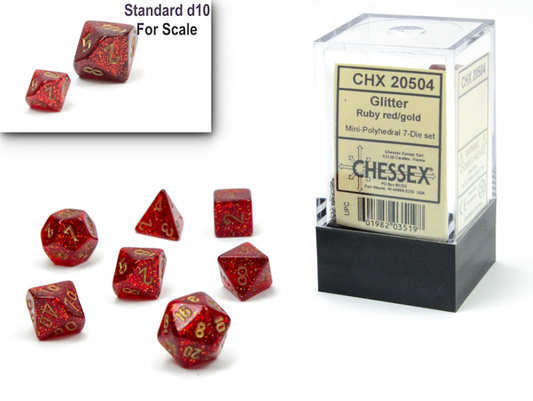 Chessex Glitter Ruby — 7 mini dés rouges pailletés à chiffres dorés