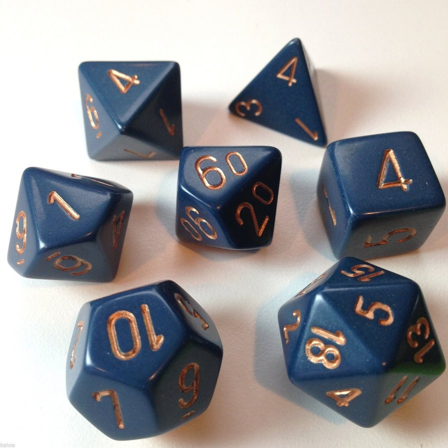 Chessex Opaque — 7 dés bleu poussiéreux à chiffres cuivrés