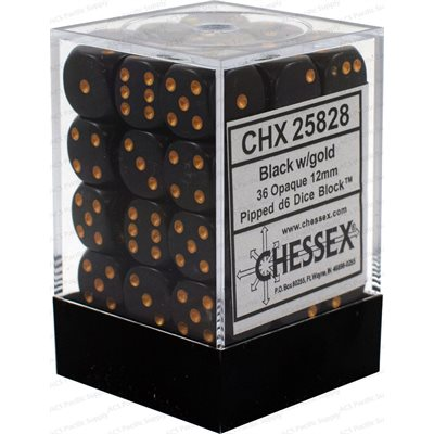 Bloc Chessex de 36 dés D6 noirs avec points dorés, format 12 mm