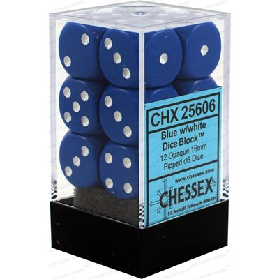 12 dés Chessex Opaque bleus avec points blancs, D6 de 16 mm