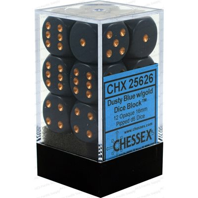 12 dés Chessex Opaque bleu poussiéreux avec points dorés, D6 de 16 mm
