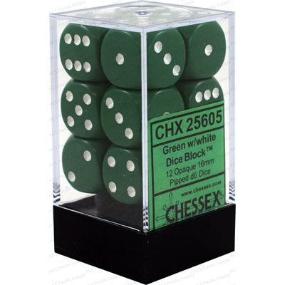 12 dés Chessex Opaque verts avec points blancs, D6 de 16 mm