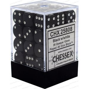 Chessex Opaque — 36 dés D6 noirs à points blancs de 12 mm