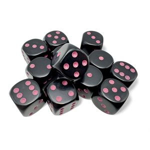 Chessex Opaque — 12 dés D6 noirs à points roses de 16 mm
