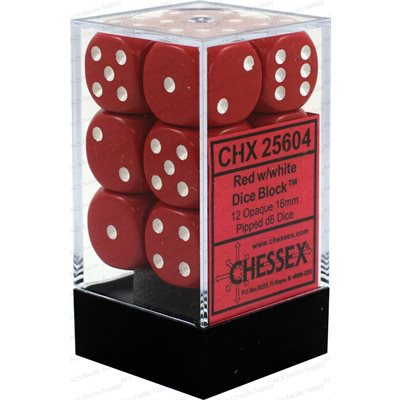 12 dés Chessex Opaque rouges avec points blancs, D6 de 16 mm