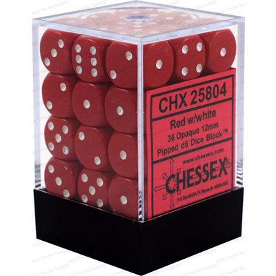 Chessex Opaque — 36 dés D6 rouges à points blancs de 12 mm
