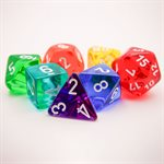 Ensemble de sept dés Chessex Prism translucides multicolores avec chiffres blancs