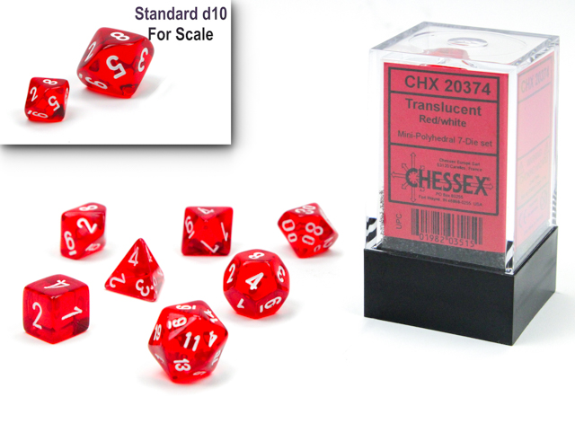 Chessex — 7 mini dés rouges translucides à chiffres blancs