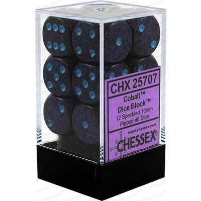 Chessex Speckled Cobalt — 12 dés D6 violets mouchetés de noir à points bleu clair, 16 mm