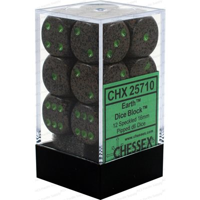 Chessex Speckled Earth — 12 dés D6 bruns mouchetés de noir et de gris à points verts, 16 mm