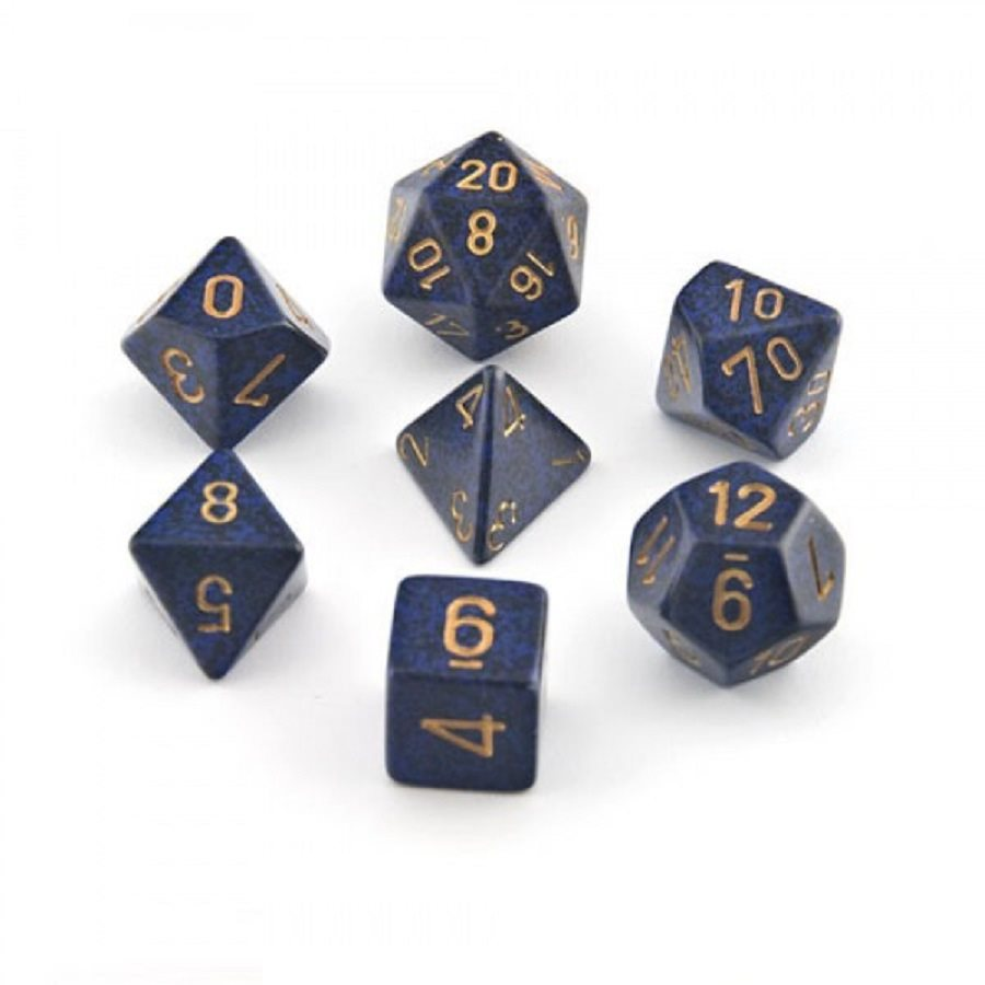 Chessex Speckled Golden Cobalt — 7 dés polyédriques violets mouchetés de noir à chiffres dorés