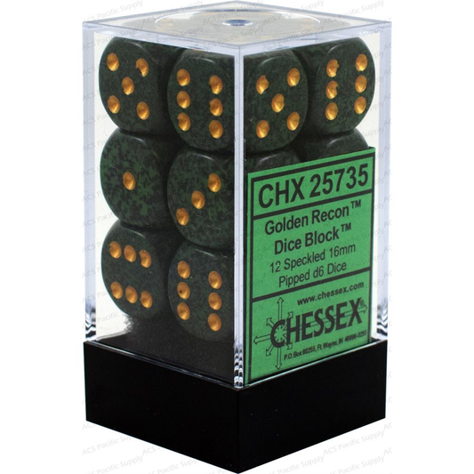 Chessex Speckled Golden Recon — 12 dés D6 verts mouchetés de noir à points dorés, 16 mm