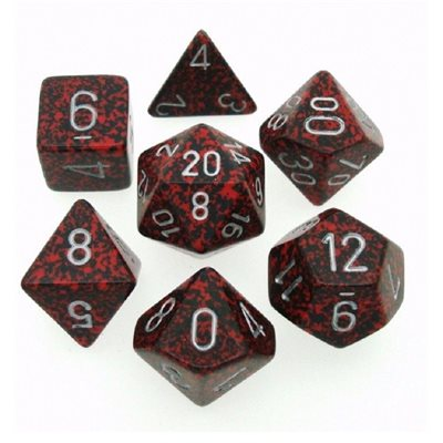 Chessex Speckled Silver Volcano seven-dice set, dark brown with red speckles and silver numerals