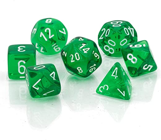 Chessex — 7 mini dés verts translucides à chiffres blancs