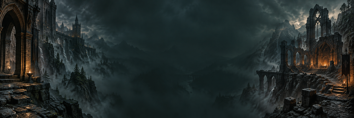 Panorama fantastique de forteresses et de montagnes dans la brume