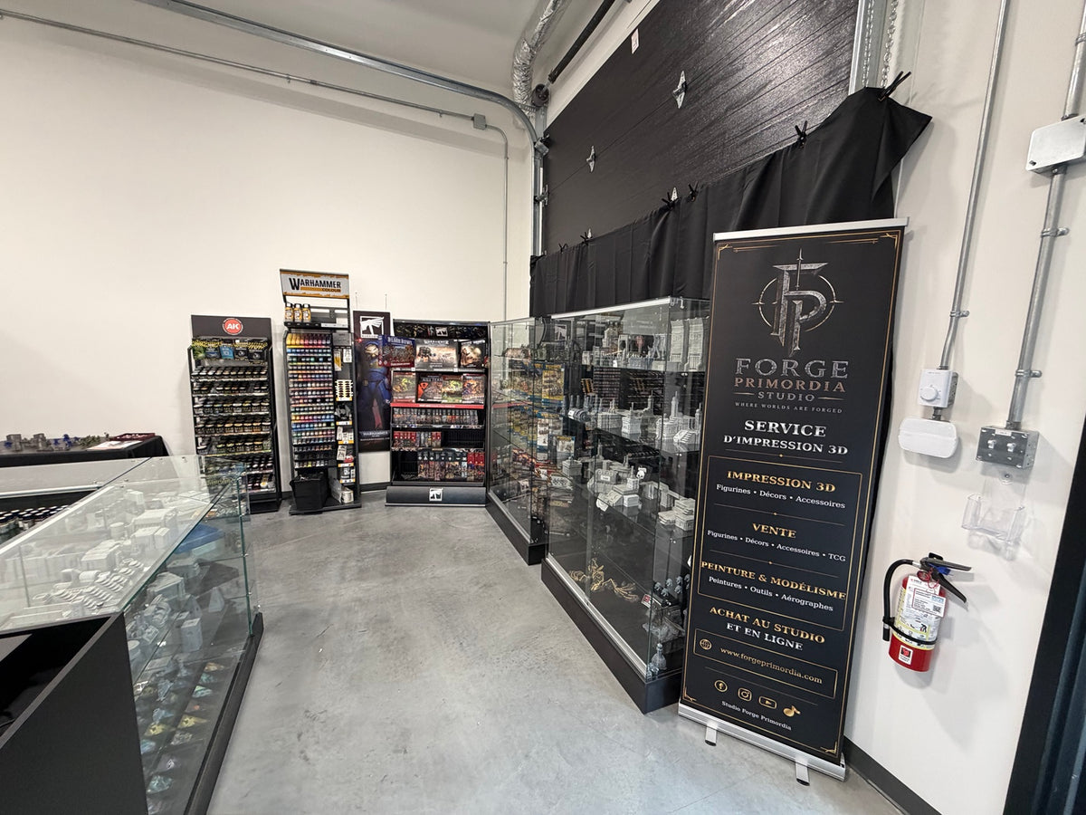 Showroom Forge Primordia à Drummondville avec vitrines et produits